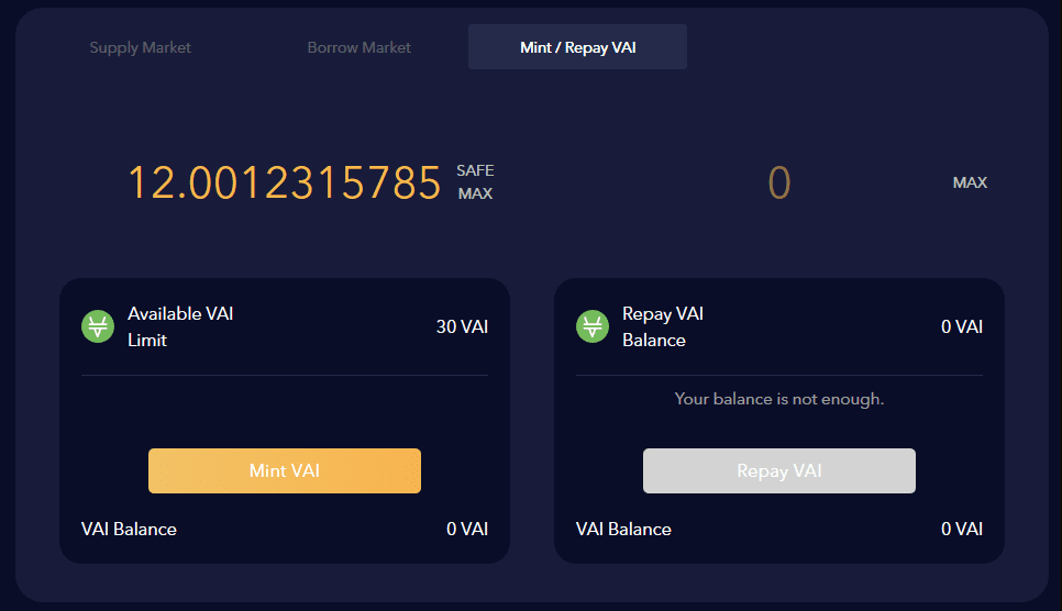Minting VAI with Venus Protocol